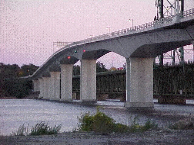 Image of the new Sagadahoc Bridge from the east bank of the Kennebec River.