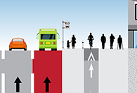 graphic showing different transportation modes: pedestrians, bicyclists, cars, and a bus